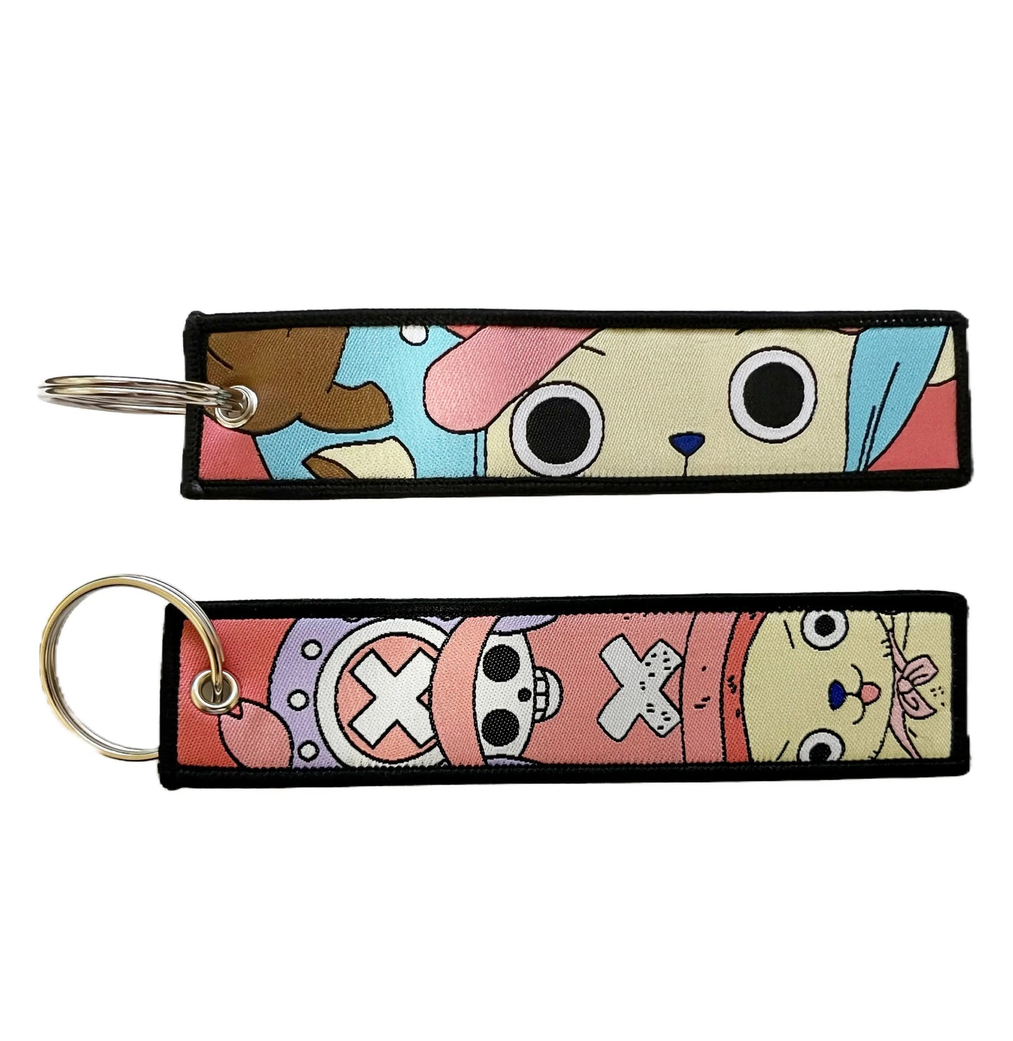 Japanese Anime One Piece Tony Chopper Themed Set of One Embroidered Fabric Keychain and One Enamel Metal Pin Badge