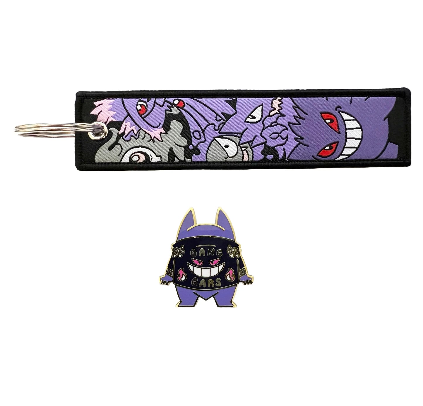 Pokemon Gengar Character Themed Set of One Embroidered Fabric Keychain and One Enamel Metal Pin Badge