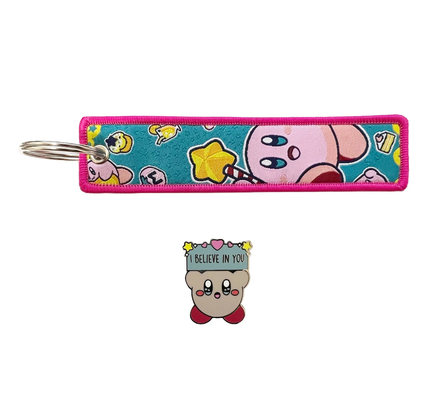 Japanese Video Game Kirby Themed Set of One Embroidered Fabric Keychain and One Enamel Metal Pin Badge