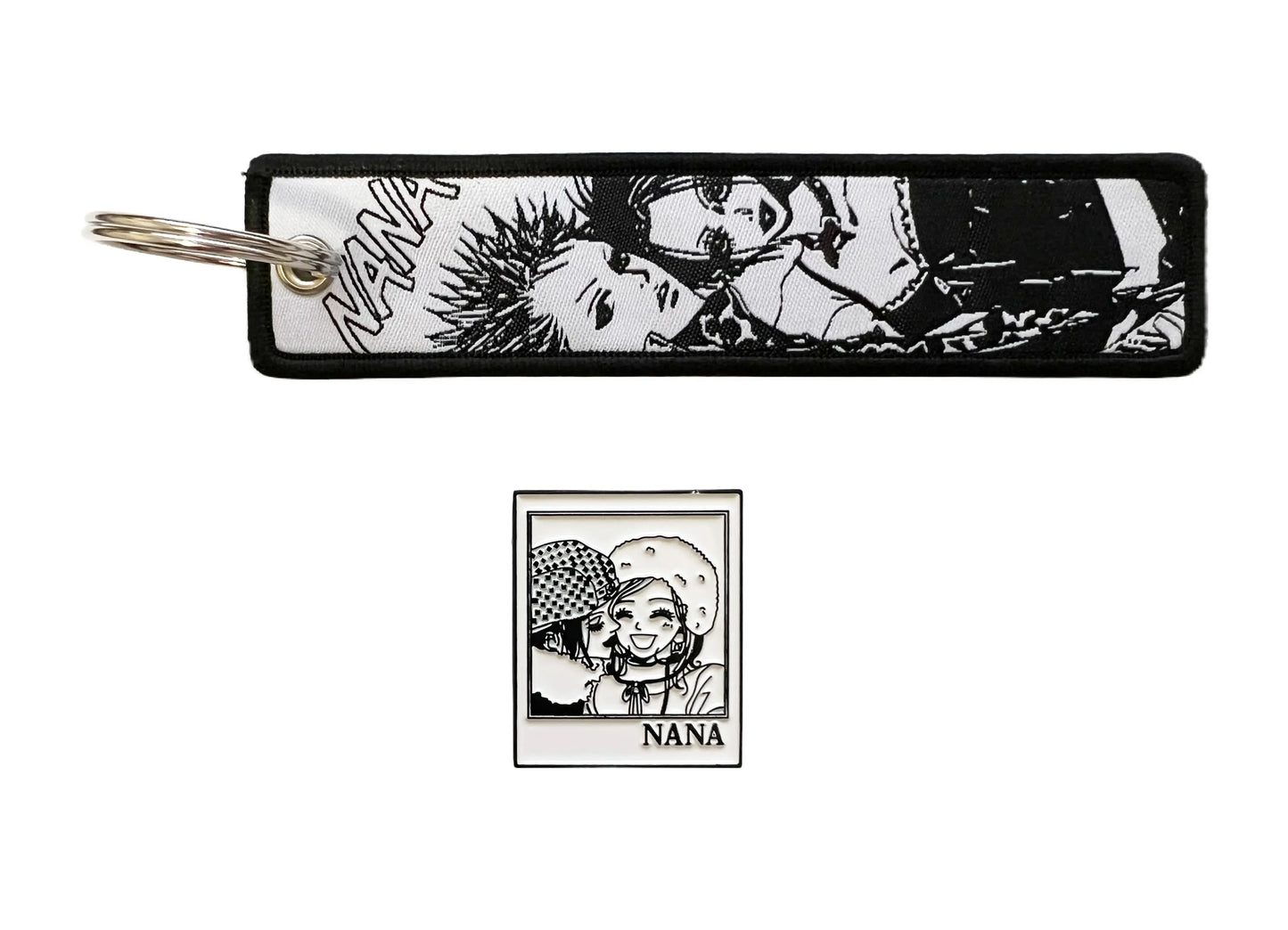 Japanese Anime Manga Nana Osaki and Ren Honjo Themed Set of One Embroidered Fabric Keychain and One Enamel Metal Pin Badge